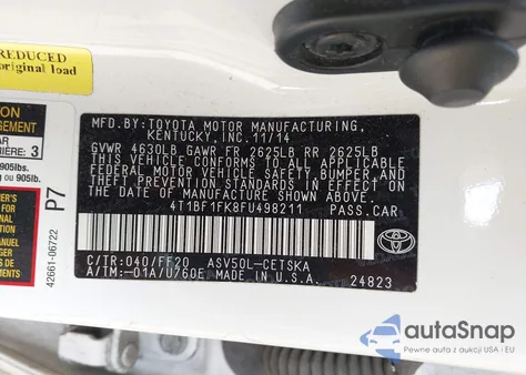 2015 Toyota Camry Se z USA, uszkodzony, nr VIN 4T1BF1FK8FU498211